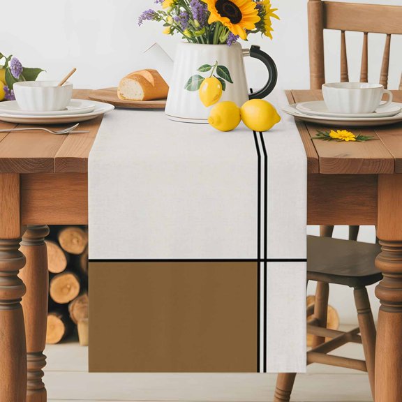 Kitchen Table Runner 36 Inches Long, Brown Beige Splicing Color Block Art Cotton Linen Table Runners for Dining Tables Home Holiday Party Wedding, Abstract Line Stripe Tabletop Scarf