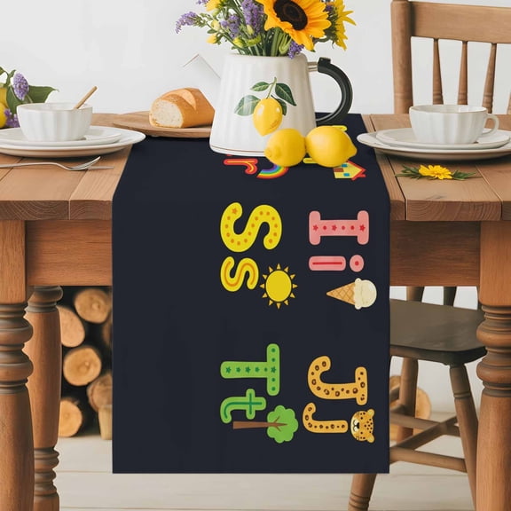 Kitchen Table Runner 36 Inches Long, Cartoon Alphabet Cute Cotton Linen Table Runners for Dining Tables Home Holiday Party Wedding, Colorful Letters Pattern Tabletop Scarf