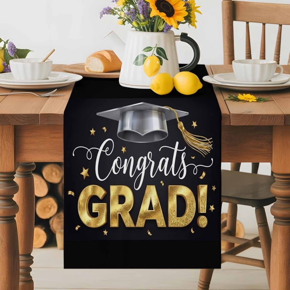 Kitchen Table Runner 36 Inches Long, Cartoon Bachelor's Hat Star Cotton Linen Table Runners for Dining Tables Home Holiday Party Wedding, Congrats Grad Quote Tabletop Scarf