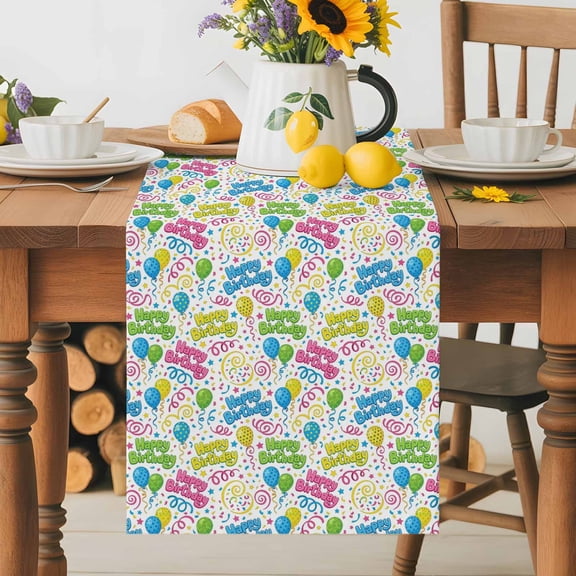 Kitchen Table Runner 36 Inches Long, Cartoon Balloons Polka Dots Cotton Linen Table Runners for Dining Tables Home Holiday Party Wedding, Happy Birthday Quote Tabletop Scarf