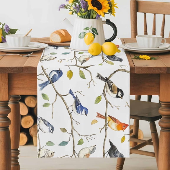 Kitchen Table Runner 36 Inches Long, Cartoon Bird on Branch Cotton Linen Table Runners for Dining Tables Home Holiday Party Wedding, Colorful Leaf Animal Portrait Tabletop Scarf