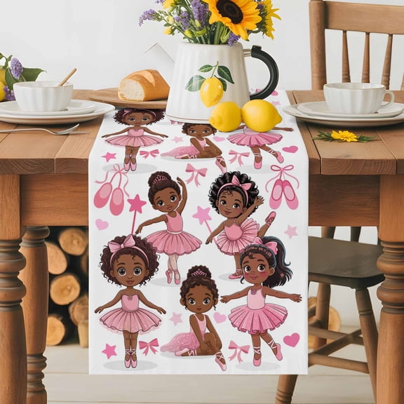 Kitchen Table Runner 36 Inches Long, Cartoon Children Ballet Dance Cotton Linen Table Runners for Dining Tables Home Holiday Party Wedding, Pink Butterflies Ballet Shoes Tabletop Scarf