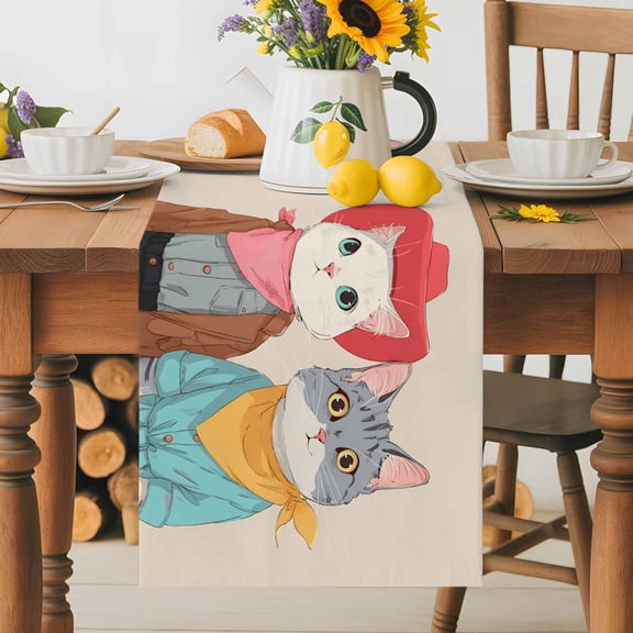 Kitchen Table Runner 36 Inches Long, Cartoon Cute Cowgirl Cats Cotton Linen Table Runners for Dining Tables Home Holiday Party Wedding, Western Hats Bandanas Tabletop Scarf