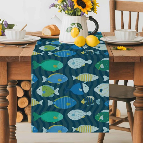 Kitchen Table Runner 36 Inches Long, Cartoon Funny Blue Stripes Little Fish Cotton Linen Table Runners for Dining Tables Home Holiday Party Wedding, Ocean Waves Tabletop Scarf