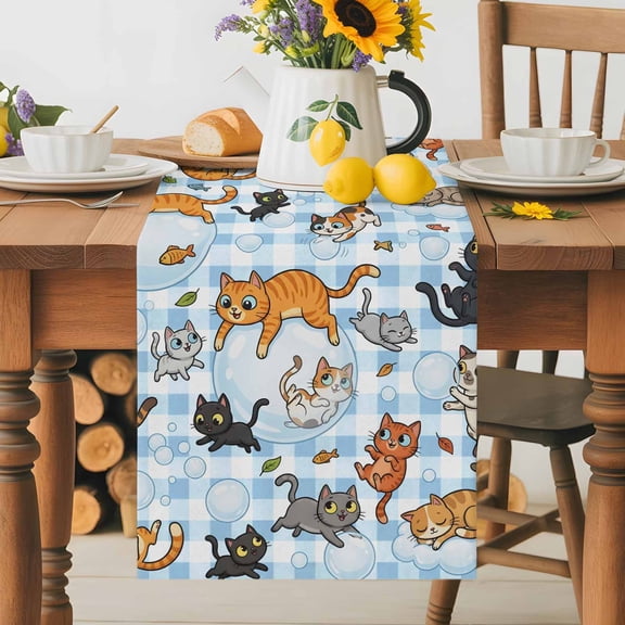 Kitchen Table Runner 36 Inches Long, Cartoon Lovely Pets Fish Bubbles Cotton Linen Table Runners for Dining Tables Home Holiday Party Wedding, Light Blue Check Tabletop Scarf