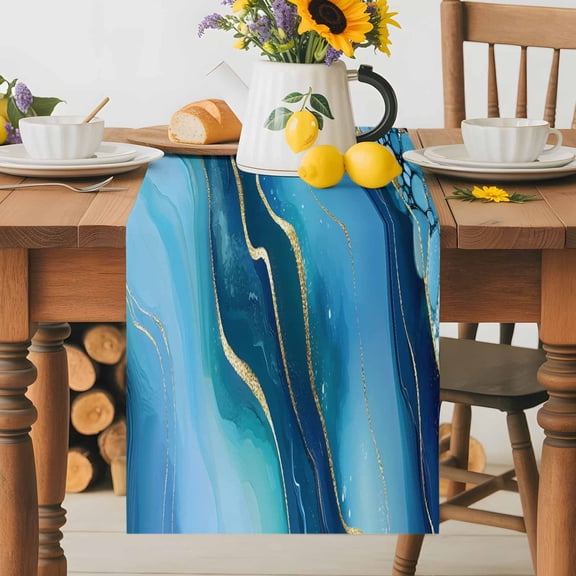 Kitchen Table Runner 36 Inches Long, Cartoon Marble Texture Wave Bubble Cotton Linen Table Runners for Dining Tables Home Holiday Party Wedding, Abstract Gradient Art Tabletop Scarf