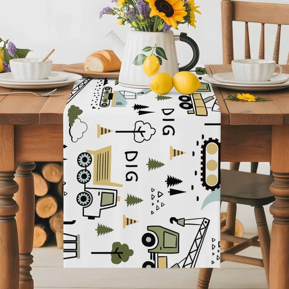 Kitchen Table Runner 36 Inches Long, Cartoon Tractor Digger Shovel Cotton Linen Table Runners for Dining Tables Home Holiday Party Wedding, Cute Truck Car Themed Tabletop Scarf