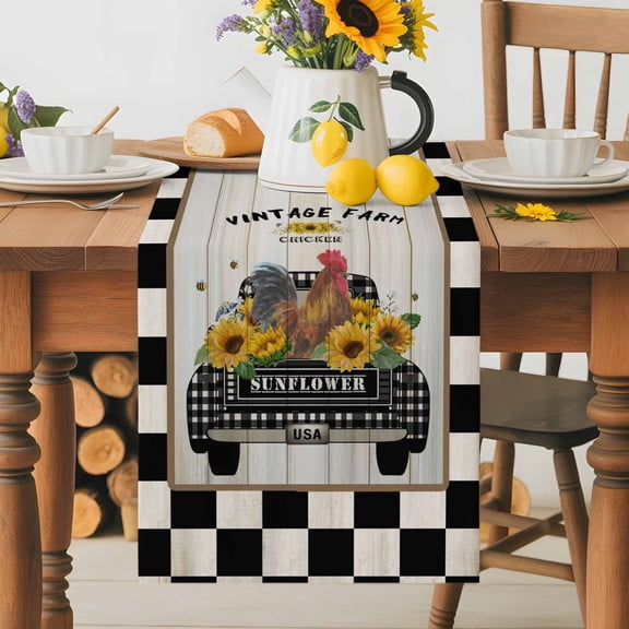 Kitchen Table Runner 36 Inches Long, Chicken Old-fashioned Trucks on Vintage Cotton Linen Table Runners for Dining Tables Home Holiday Party Wedding, Farm Buffalo Plaid Tabletop Scarf