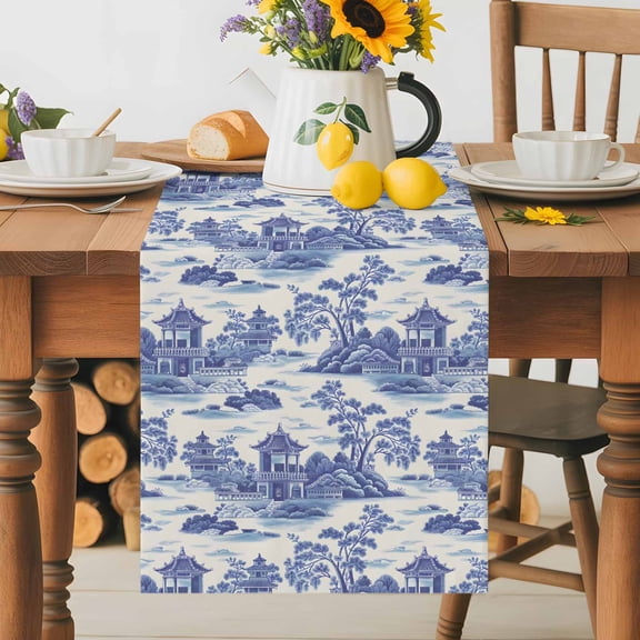 Kitchen Table Runner 36 Inches Long, Chinese Style Garden Plant Landscape Cotton Linen Table Runners for Dining Tables Home Holiday Party Wedding, Chinoiserie Tabletop Scarf