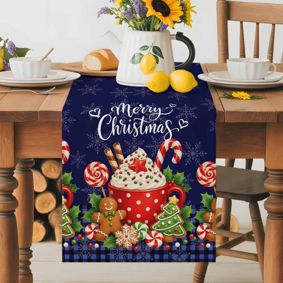 Kitchen Table Runner 36 Inches Long, Christmas Candy Coffee Cookies Cotton Linen Table Runners for Dining Tables Home Holiday Party Wedding, Merry Christmas Tabletop Scarf