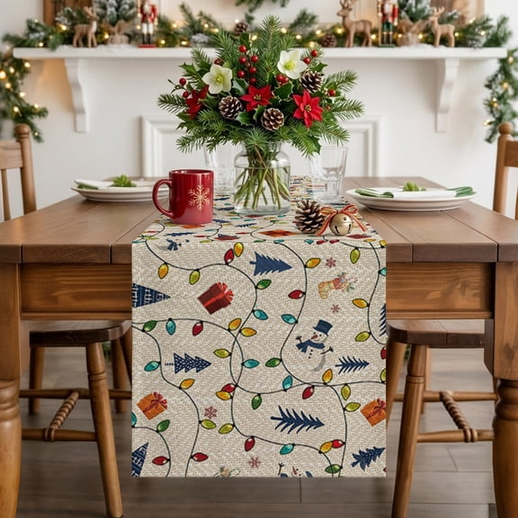 Kitchen Table Runner 36 Inches Long, Christmas Colorful Light String Table Runners for Dining Tables Home Holiday Party Wedding, Retro Xmas Tree Snowman Present Tabletop Scarf