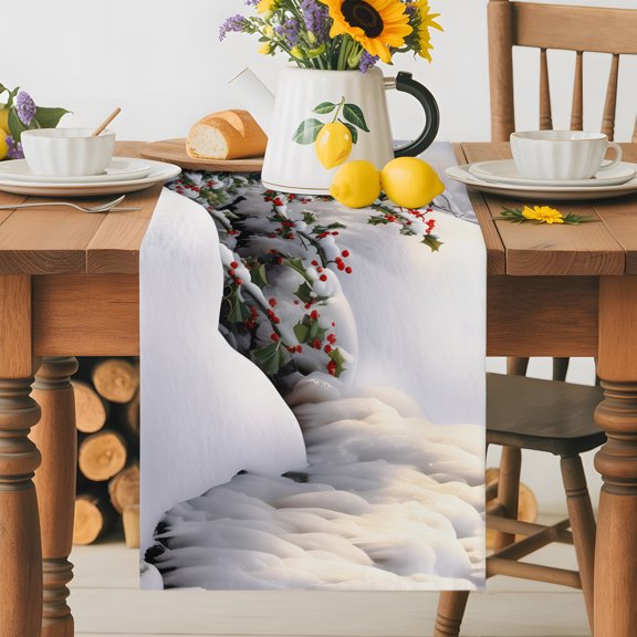Kitchen Table Runner 36 Inches Long, Christmas Red Bird on Tree Branch Cotton Linen Table Runners for Dining Tables Home Holiday Party Wedding, Winter Berry Snow Scenery Tabletop Scarf