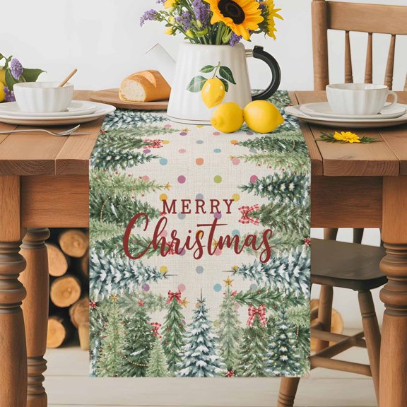 Kitchen Table Runner 36 Inches Long, Christmas Tree on Retro Linen Cotton Linen Table Runners for Dining Tables Home Holiday Party Wedding, Winter Pine Trees Colorful Polka Dot Tabletop Scarf