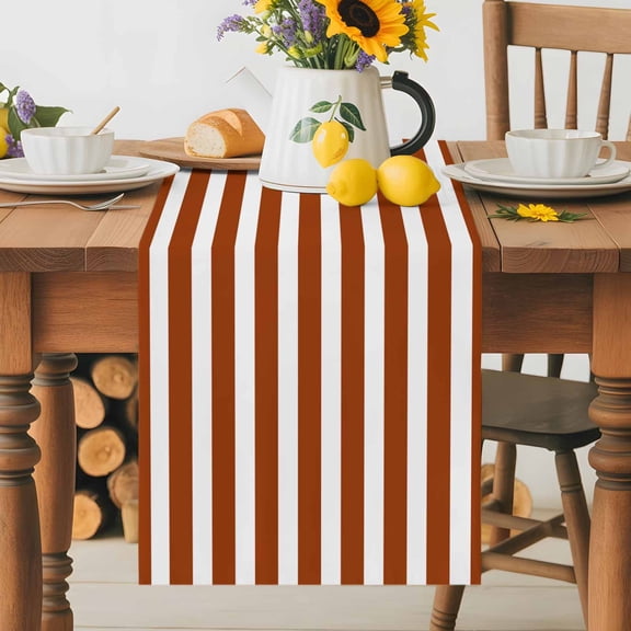 Kitchen Table Runner 36 Inches Long, Classic Burnt Orange Stripe Cotton Linen Table Runners for Dining Tables Home Holiday Party Wedding, Abstract Modern Art Tabletop Scarf