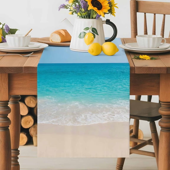 Kitchen Table Runner 36 Inches Long, Coastal Ocean Wave Beach Cotton Linen Table Runners for Dining Tables Home Holiday Party Wedding, Summer Seaside Theme Tabletop Scarf