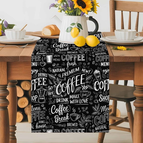 Kitchen Table Runner 36 Inches Long, Coffee Time White Quote on Black Cotton Linen Table Runners for Dining Tables Home Holiday Party Wedding, Milk Tea Cup Cocoa Bean Tabletop Scarf