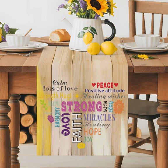 Kitchen Table Runner 36 Inches Long, Colorful Inspiration Quotes Love Heart Design Cotton Linen Table Runners for Dining Tables Home Holiday Party Wedding, Wood Plank Tabletop Scarf