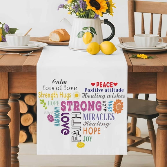 Kitchen Table Runner 36 Inches Long, Colorful Inspirational Quotes with Love Heart Cotton Linen Table Runners for Dining Tables Home Holiday Party Wedding, White Tabletop Scarf