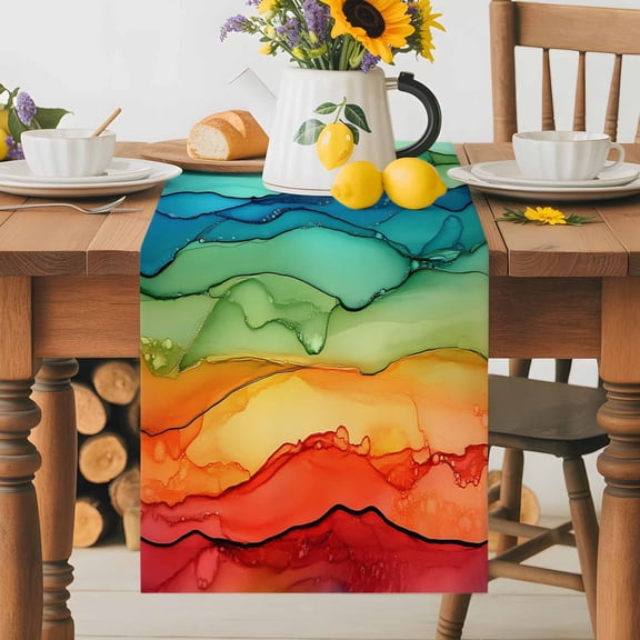 Kitchen Table Runner 36 Inches Long, Colorful Marble Rainbow Wave Cotton Linen Table Runners for Dining Tables Home Holiday Party Wedding, Abstract Geometric Modern Art Tabletop Scarf
