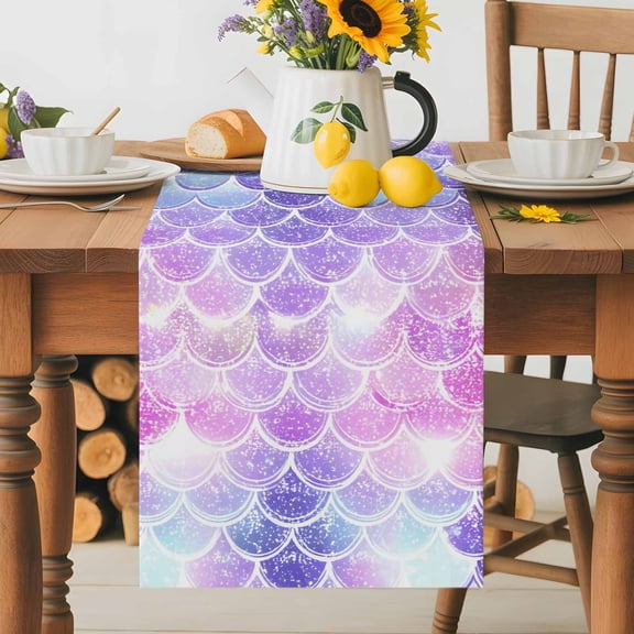 Kitchen Table Runner 36 Inches Long, Colorful Mermaid Scales Cotton Linen Table Runners for Dining Tables Home Holiday Party Wedding, Sparkling Ocean Under The Sea Tabletop Scarf