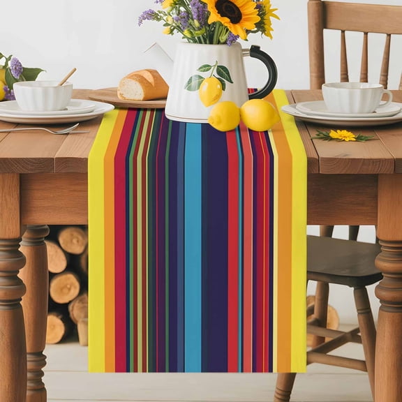 Kitchen Table Runner 36 Inches Long, Colorful Mexican Stripe Cotton Linen Table Runners for Dining Tables Home Holiday Party Wedding, Rainbow Gradient Line Tabletop Scarf
