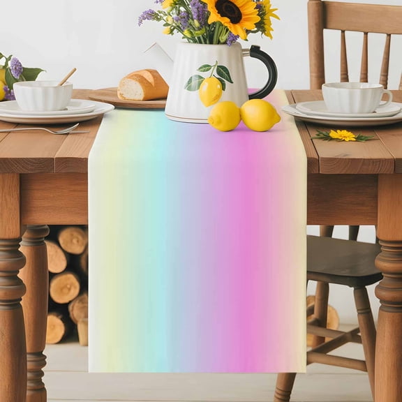 Kitchen Table Runner 36 Inches Long, Colorful Ombre Art Cotton Linen Table Runners for Dining Tables Home Holiday Party Wedding, Rainbow Gradient Tabletop Scarf