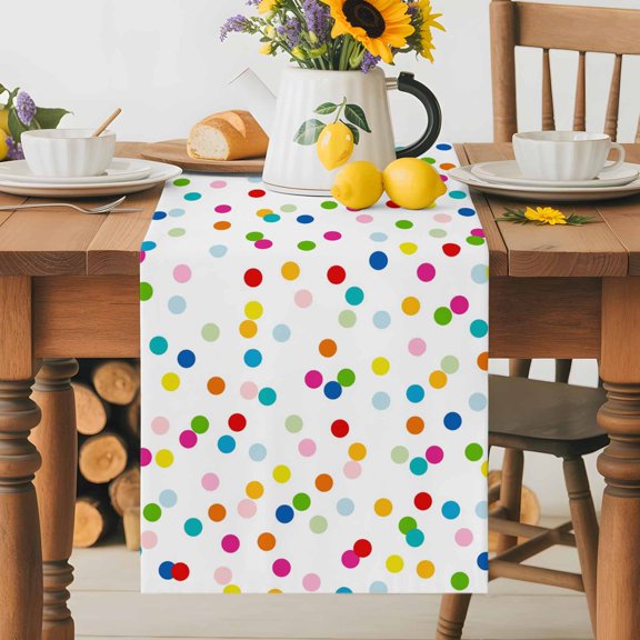 Kitchen Table Runner 36 Inches Long, Colorful Polka Dot Seamless Cotton Linen Table Runners for Dining Tables Home Holiday Party Wedding, Geometric Potted Theme Tabletop Scarf