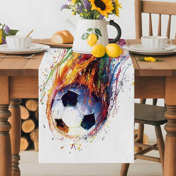 Kitchen Table Runner 36 Inches Long, Colorful Soccer Ball Cotton Linen Table Runners for Dining Tables Home Holiday Party Wedding, Rainbow Splash Football Tabletop Scarf