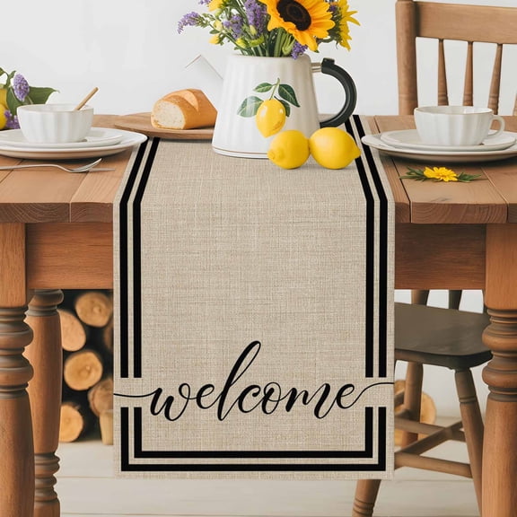 Kitchen Table Runner 36 Inches Long, Country Abstract Welcome Words Cotton Linen Table Runners for Dining Tables Home Holiday Party Wedding, Vintage Beige Linen Texture Tabletop Scarf