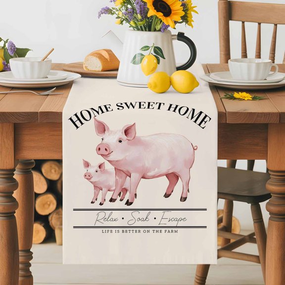 Kitchen Table Runner 36 Inches Long, Country Pink Pig Farmhouse Theme Cotton Linen Table Runners for Dining Tables Home Holiday Party Wedding, Sweet Home Farm Text Animals Tabletop Scarf