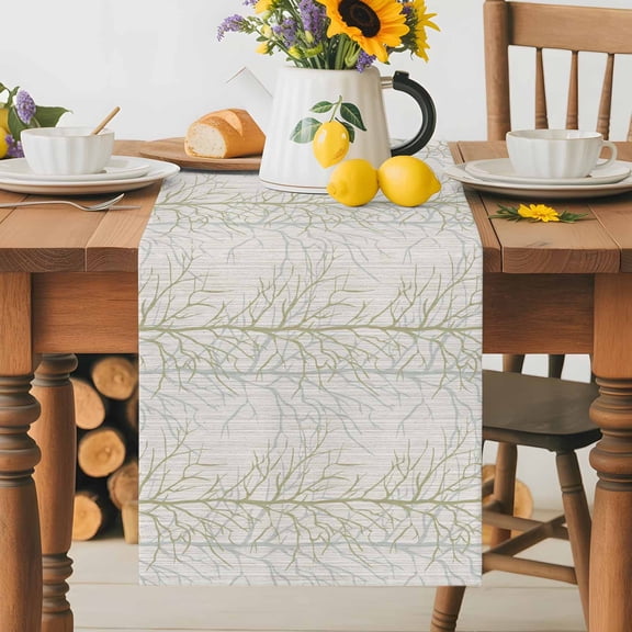 Kitchen Table Runner 36 Inches Long, Country Tree Branches Texture Cotton Linen Table Runners for Dining Tables Home Holiday Party Wedding, Seamless Plant Beige Stripe Tabletop Scarf