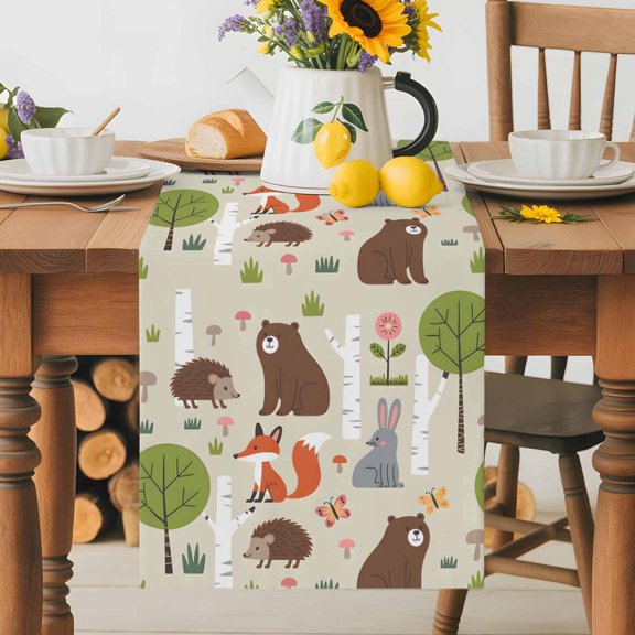 Kitchen Table Runner 36 Inches Long, Cute Bear Hedgehog Fox Cotton Linen Table Runners for Dining Tables Home Holiday Party Wedding, Cartoon Tree Wild Flower Tabletop Scarf