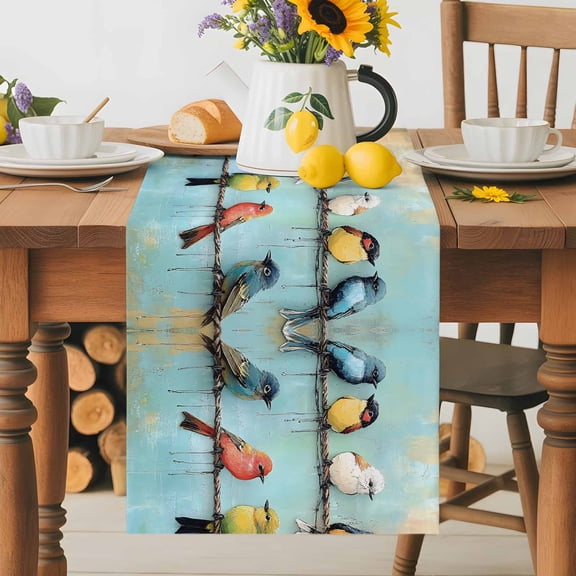 Kitchen Table Runner 36 Inches Long, Cute Bird Cartoon Style Cotton Linen Table Runners for Dining Tables Home Holiday Party Wedding, Blue Gradient Tabletop Scarf