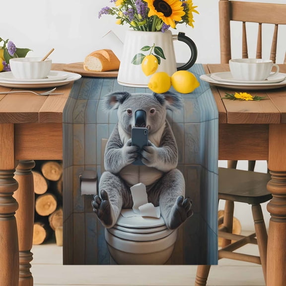 Kitchen Table Runner 36 Inches Long, Cute Koala Sitting on The Toilet Cotton Linen Table Runners for Dining Tables Home Holiday Party Wedding, Funny Animal Looking Phones Tabletop Scarf