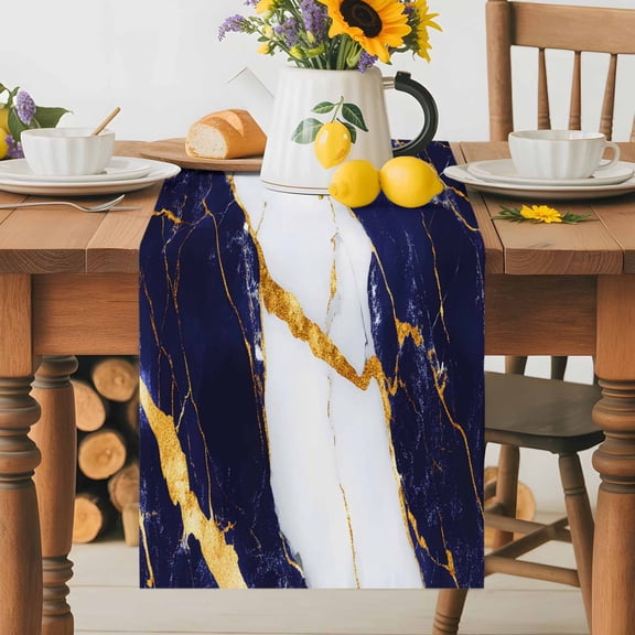 Kitchen Table Runner 36 Inches Long, Dark Marble Gold Foil Stripes Cotton Linen Table Runners for Dining Tables Home Holiday Party Wedding, Minimalist Style Tabletop Scarf