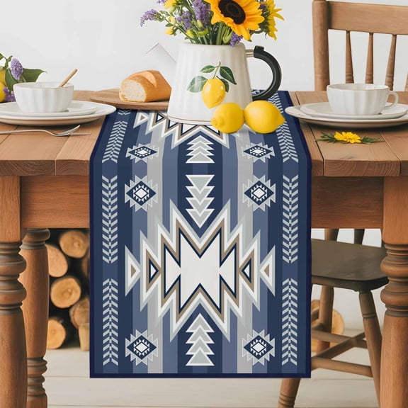 Kitchen Table Runner 36 Inches Long, Ethnic Boho Morocco Theme Cotton Linen Table Runners for Dining Tables Home Holiday Party Wedding, Aztec Blue Geometric Art Tabletop Scarf