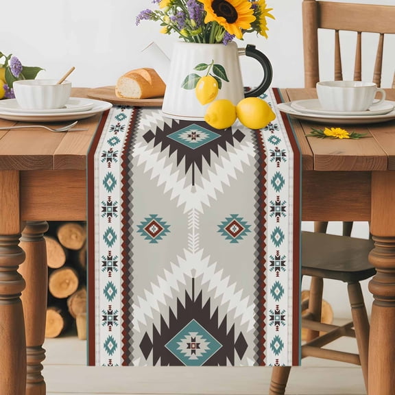 Kitchen Table Runner 36 Inches Long, Ethnic Tribal Geometric Pattern Cotton Linen Table Runners for Dining Tables Home Holiday Party Wedding, Aztec Boho Native Texture Tabletop Scarf
