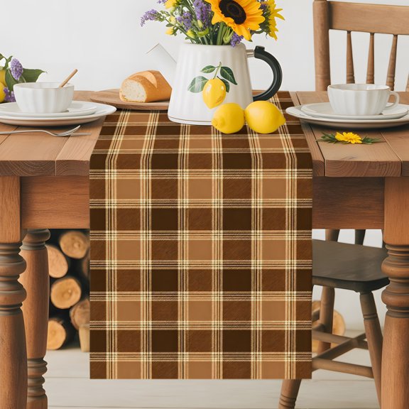 Kitchen Table Runner 36 Inches Long, Fall Brown Buffalo Plaid Cotton Linen Table Runners for Dining Tables Home Holiday Party Wedding, Rustic Retro Checker Lattice Tabletop Scarf