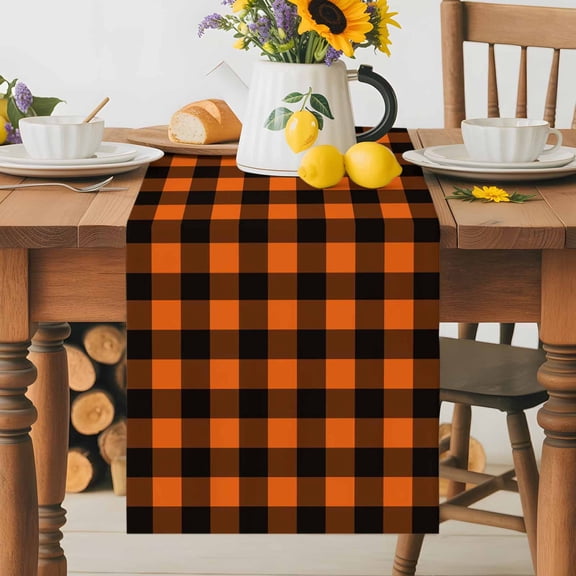 Kitchen Table Runner 36 Inches Long, Fall Orange Black Plaid Cotton Linen Table Runners for Dining Tables Home Holiday Party Wedding, Halloween Minimalist Buffalo Check Tabletop Scarf