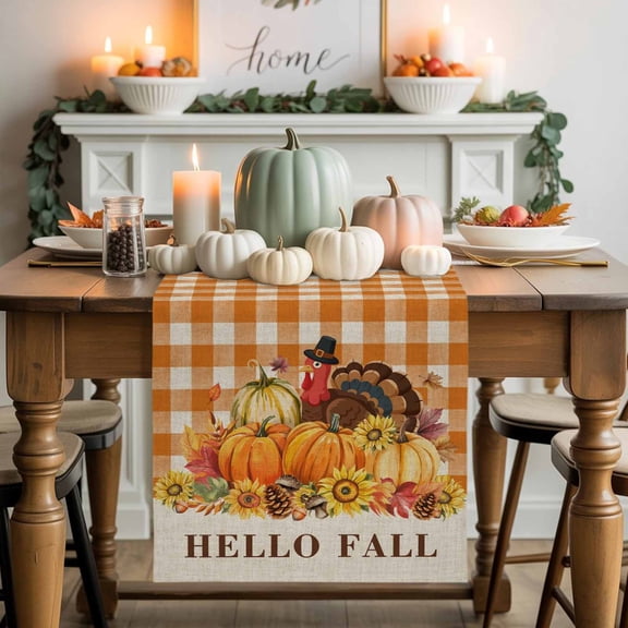 Kitchen Table Runner 36 Inches Long, Fall Thanksgiving Pumpkin Turkey Cotton Linen Table Runners for Dining Tables Home Holiday Party Wedding, Sunflower Retro Orange Plaid Tabletop Scarf