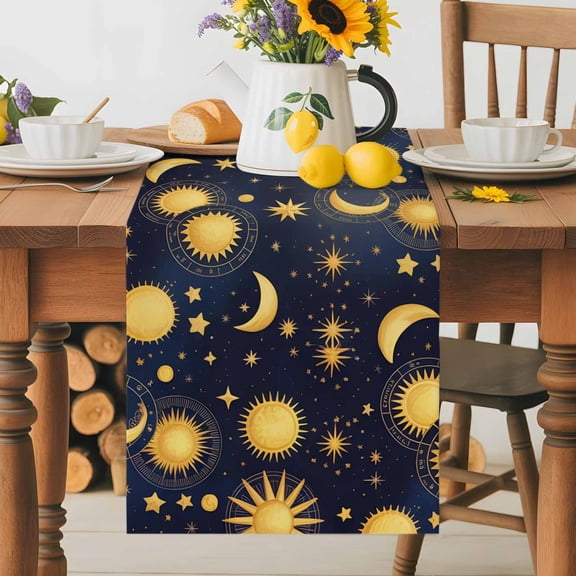 Kitchen Table Runner 36 Inches Long, Fantasy Galaxy Moon Sun Cotton Linen Table Runners for Dining Tables Home Holiday Party Wedding, Cartoon Starry Night Tabletop Scarf