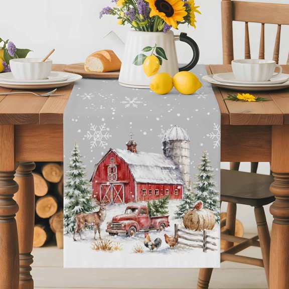 Kitchen Table Runner 36 Inches Long, Farm Barn Christmas Tree on Gray Cotton Linen Table Runners for Dining Tables Home Holiday Party Wedding, Winter Snow Elk Truck Tabletop Scarf