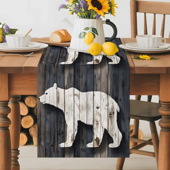 Kitchen Table Runner 36 Inches Long, Farm Bear Silhouette Retro Wood Cotton Linen Table Runners for Dining Tables Home Holiday Party Wedding, Rustic Wooden Plank Tabletop Scarf
