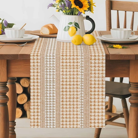 Kitchen Table Runner 36 Inches Long, Farm Lattice Houndstooth Pattern Cotton Linen Table Runners for Dining Tables Home Holiday Party Wedding, Rustic Beige Khaki Plaid Tabletop Scarf