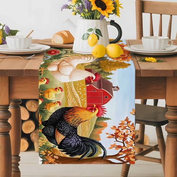 Kitchen Table Runner 36 Inches Long, Farm Rooster Tree Barn Farmhouse Cotton Linen Table Runners for Dining Tables Home Holiday Party Wedding, Watercolor Flower Tabletop Scarf