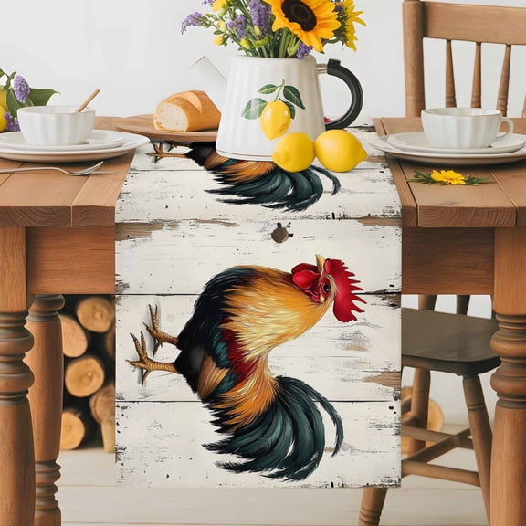 Kitchen Table Runner 36 Inches Long, Farm Rooster on Wood Board Cotton Linen Table Runners for Dining Tables Home Holiday Party Wedding, Country Animal Chicken Tabletop Scarf