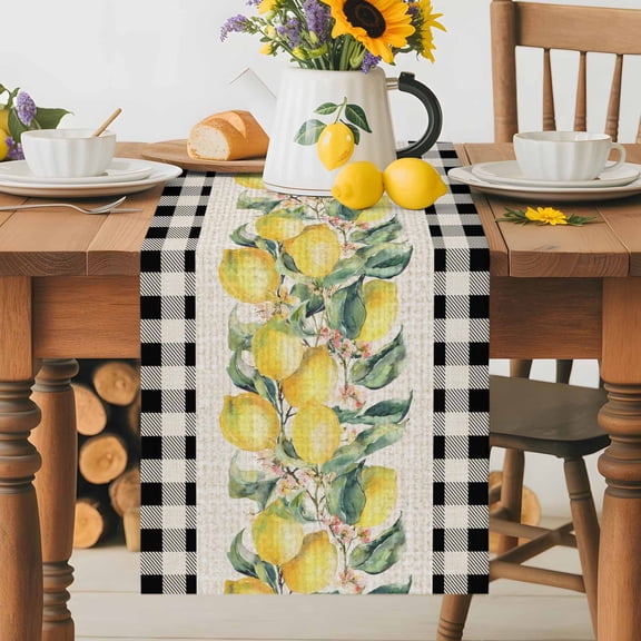 Kitchen Table Runner 36 Inches Long, Farm Yellow Lemon Daisy on Retro Linen Cotton Linen Table Runners for Dining Tables Home Holiday Party Wedding, Black Plaid Lattice Tabletop Scarf