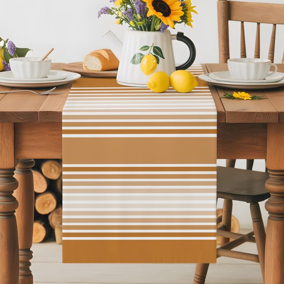 Kitchen Table Runner 36 Inches Long, Farmhouse Amber Stripes Cotton Linen Table Runners for Dining Tables Home Holiday Party Wedding, Earthy Lines Tabletop Scarf