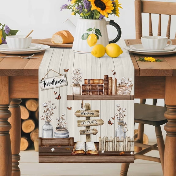 Kitchen Table Runner 36 Inches Long, Farmhouse Book Flower Butterfly Vase Fence Cotton Linen Table Runners for Dining Tables Home Holiday Party Wedding, Vintage Rustic Wood Tabletop Scarf