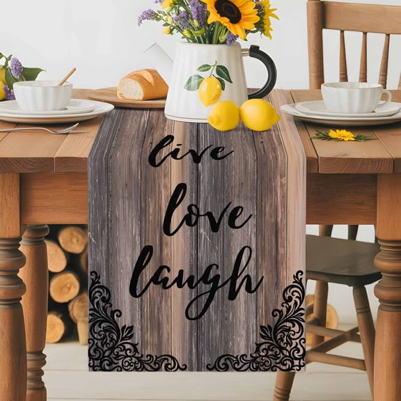 Kitchen Table Runner 36 Inches Long, Farmhouse Brown Wood Board Cotton Linen Table Runners for Dining Tables Home Holiday Party Wedding, Live Love Laugh Text Flower Tabletop Scarf